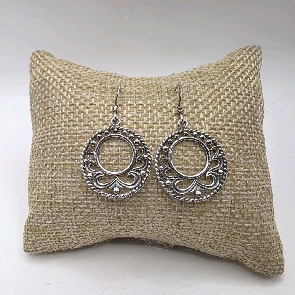 925 Sterling Silver Openwork Filigree Style Dangle Round Circle Pierced Earrings